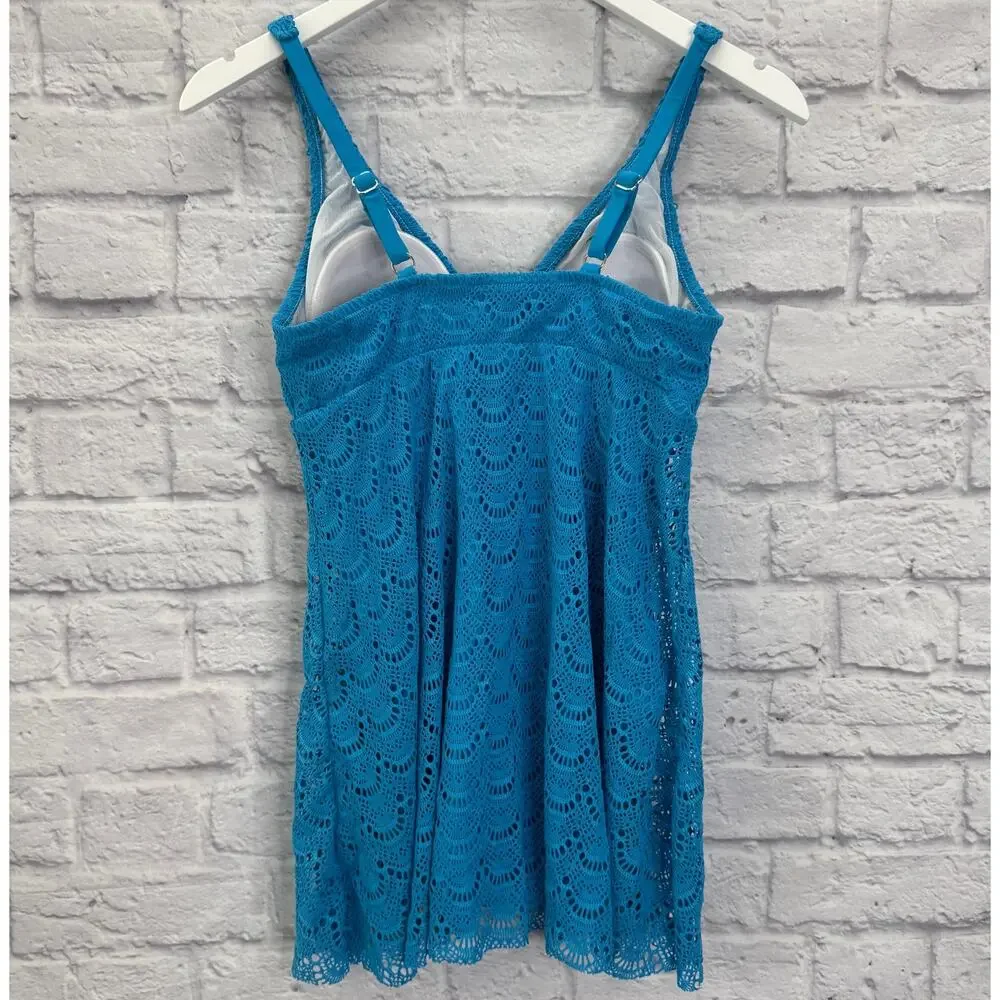 Swim Solutions One Piece Flyaway Slimming Swimsuit Teal Blue Size 10 Crochet New - Picture 3 of 8